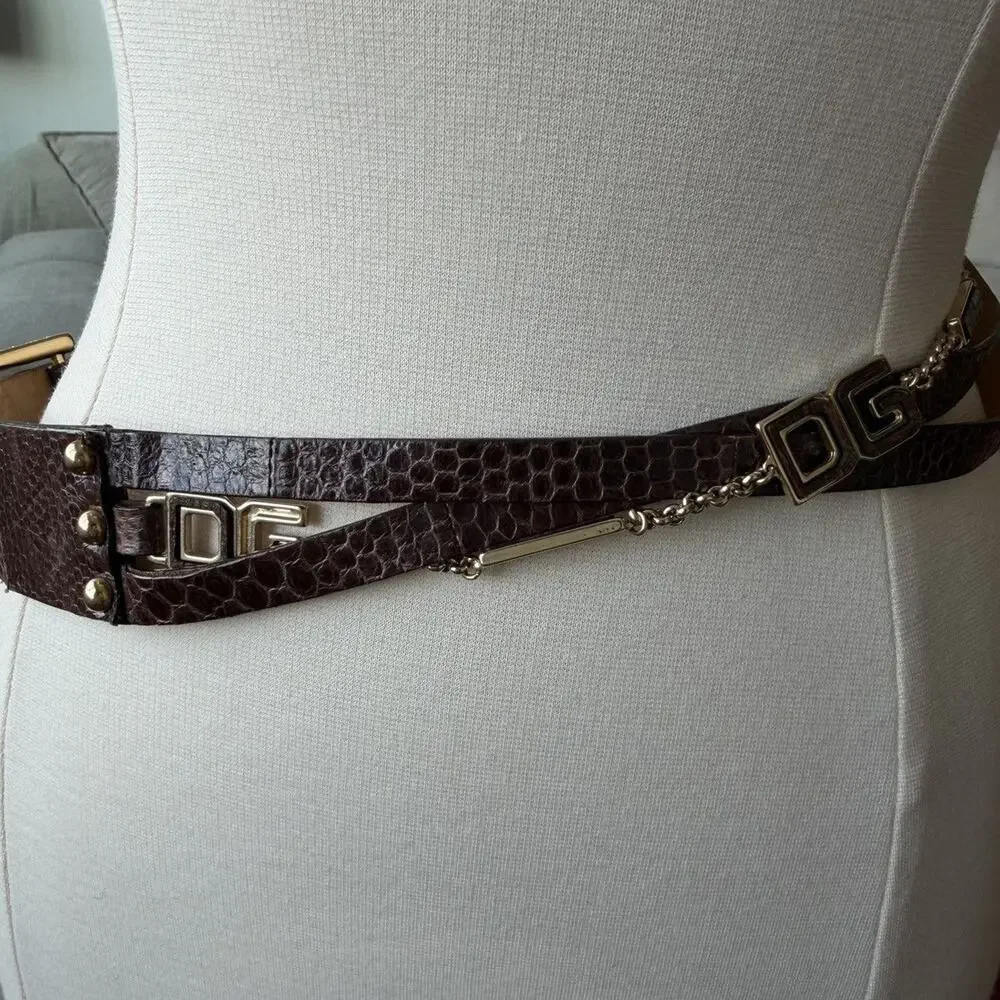 Dolce & Gabbana Brown Embossed Leather DG Logo Chain Belt